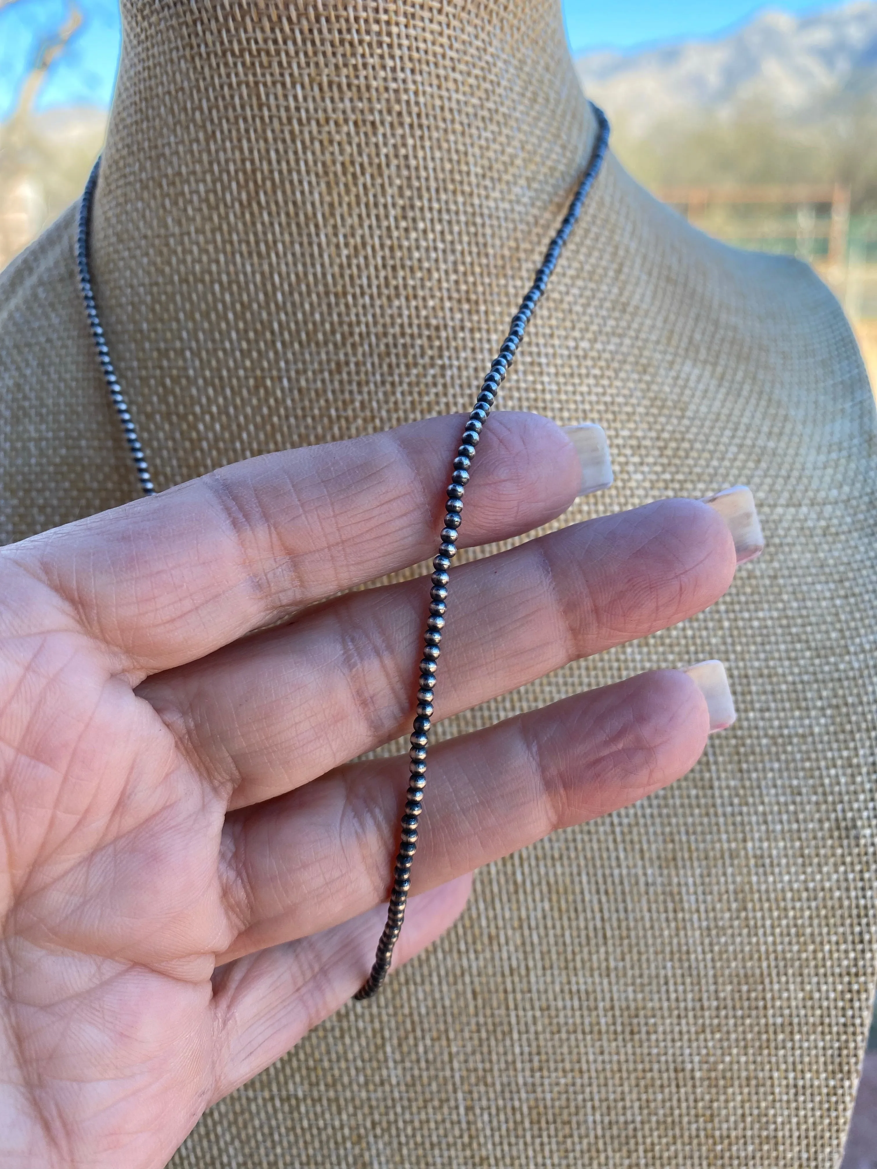 Native Jewelry -2mm Sterling Silver  Pearl Beaded 24” Necklace