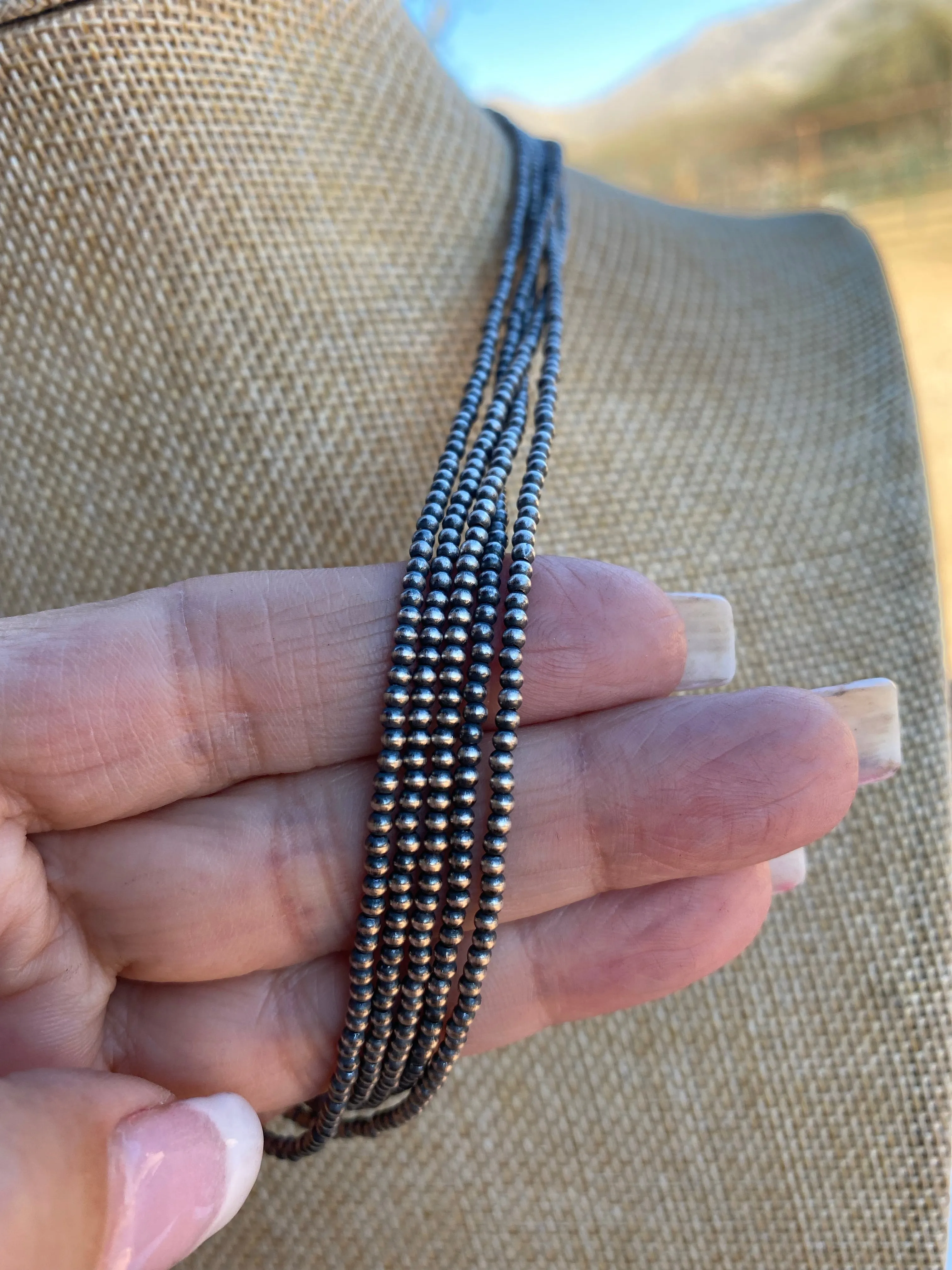 Native Jewelry -2mm Sterling Silver  Pearl Beaded 24” Necklace
