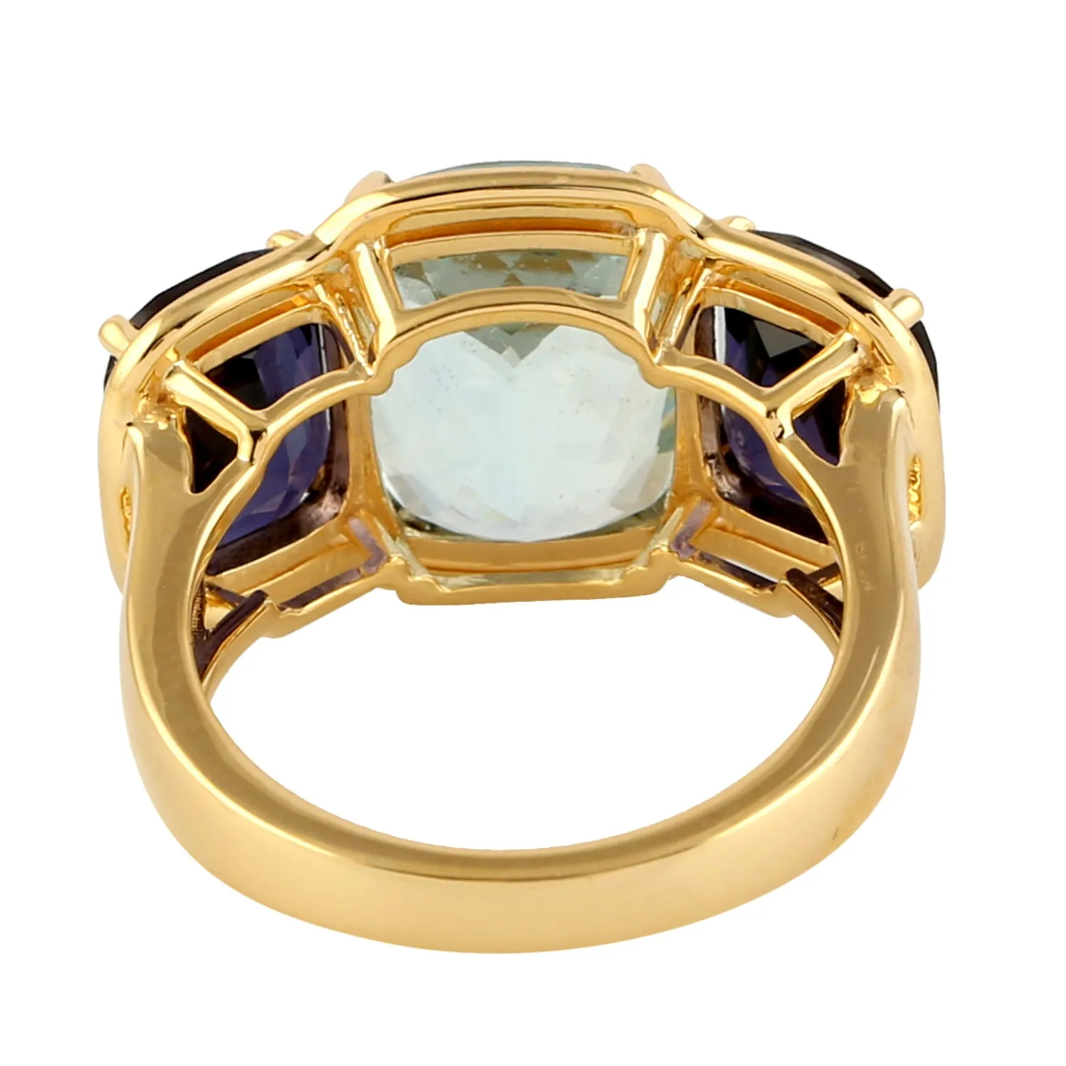Natural Aquamarine Lolite Three Stone Beautiful Big Ring In 18k Yellow Gold
