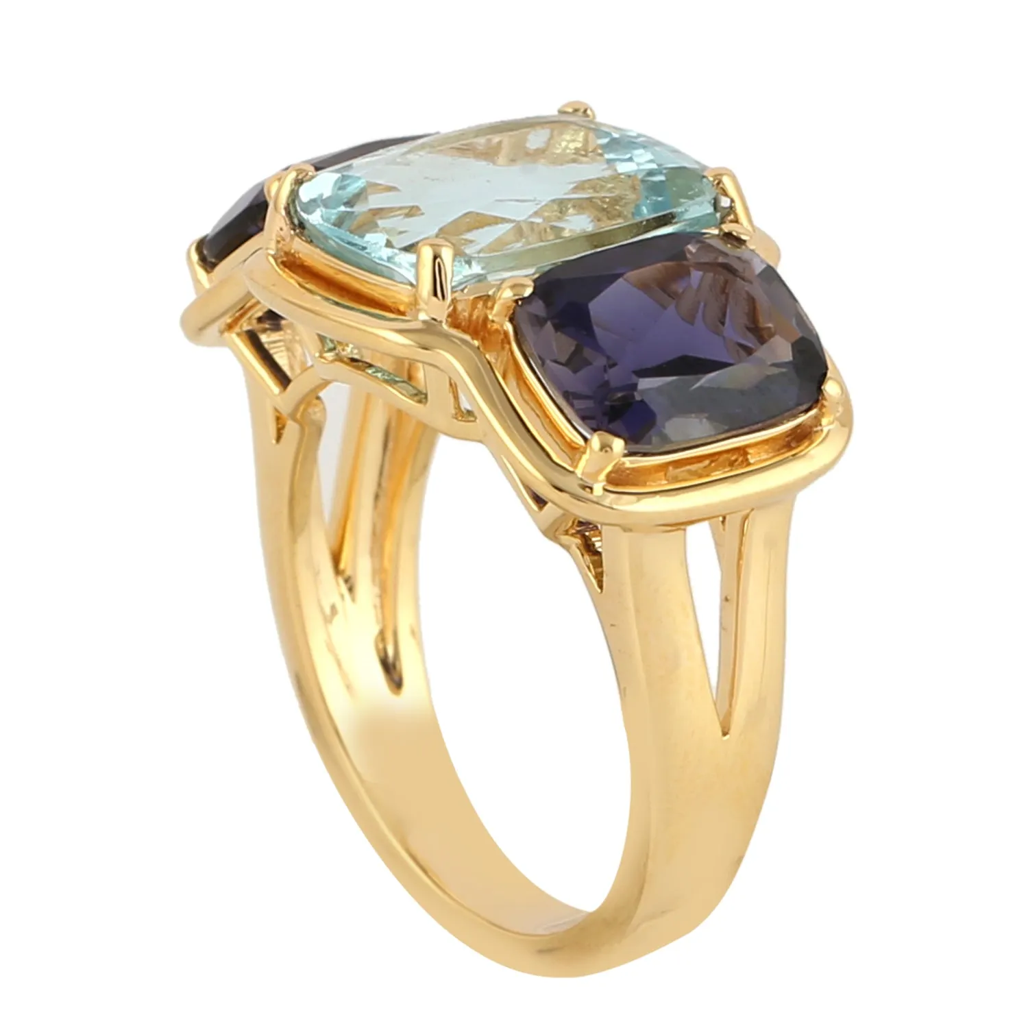 Natural Aquamarine Lolite Three Stone Beautiful Big Ring In 18k Yellow Gold