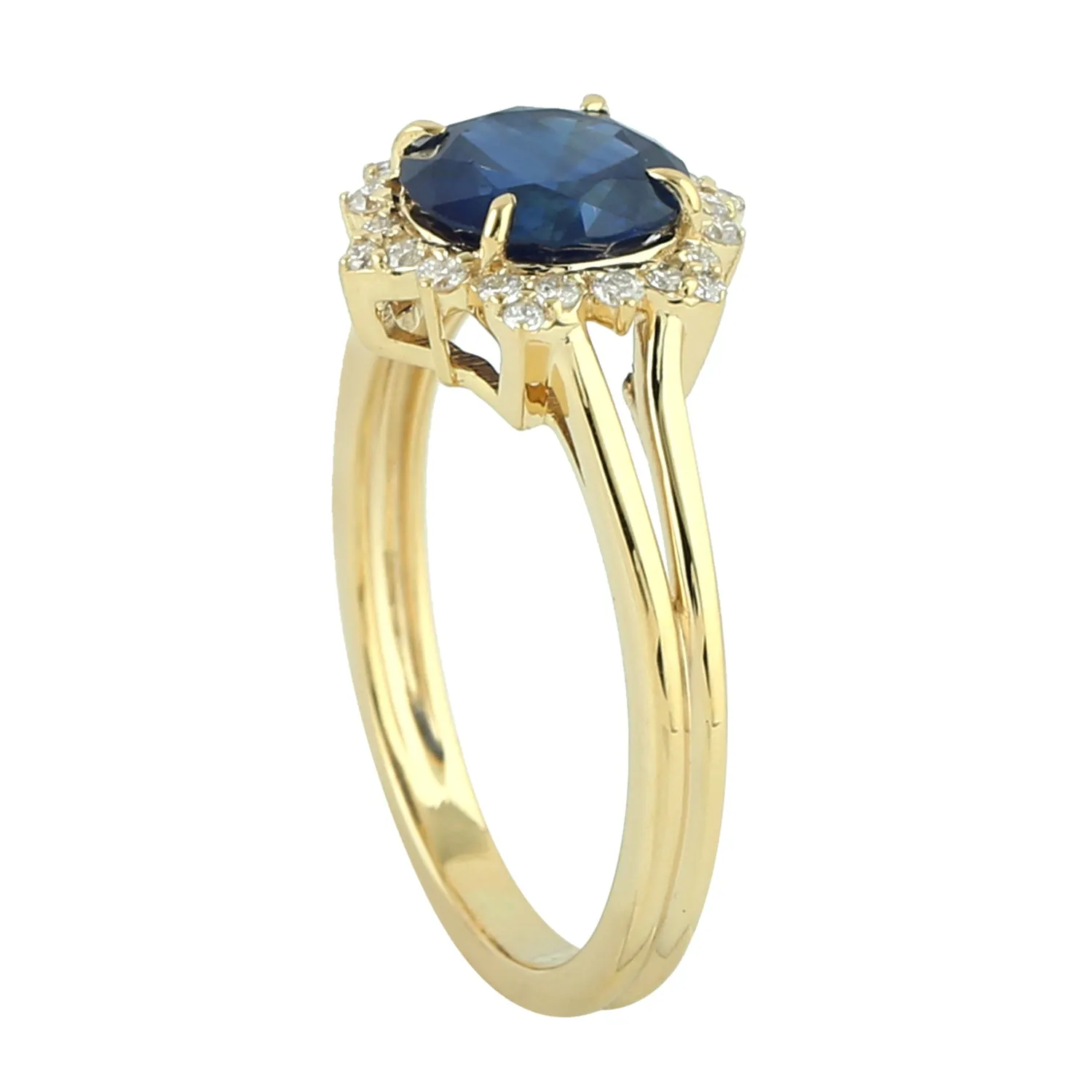 Natural Blue Sapphire Prong Diamond Solitaire Ring In 18K Yellow Gold For Women's