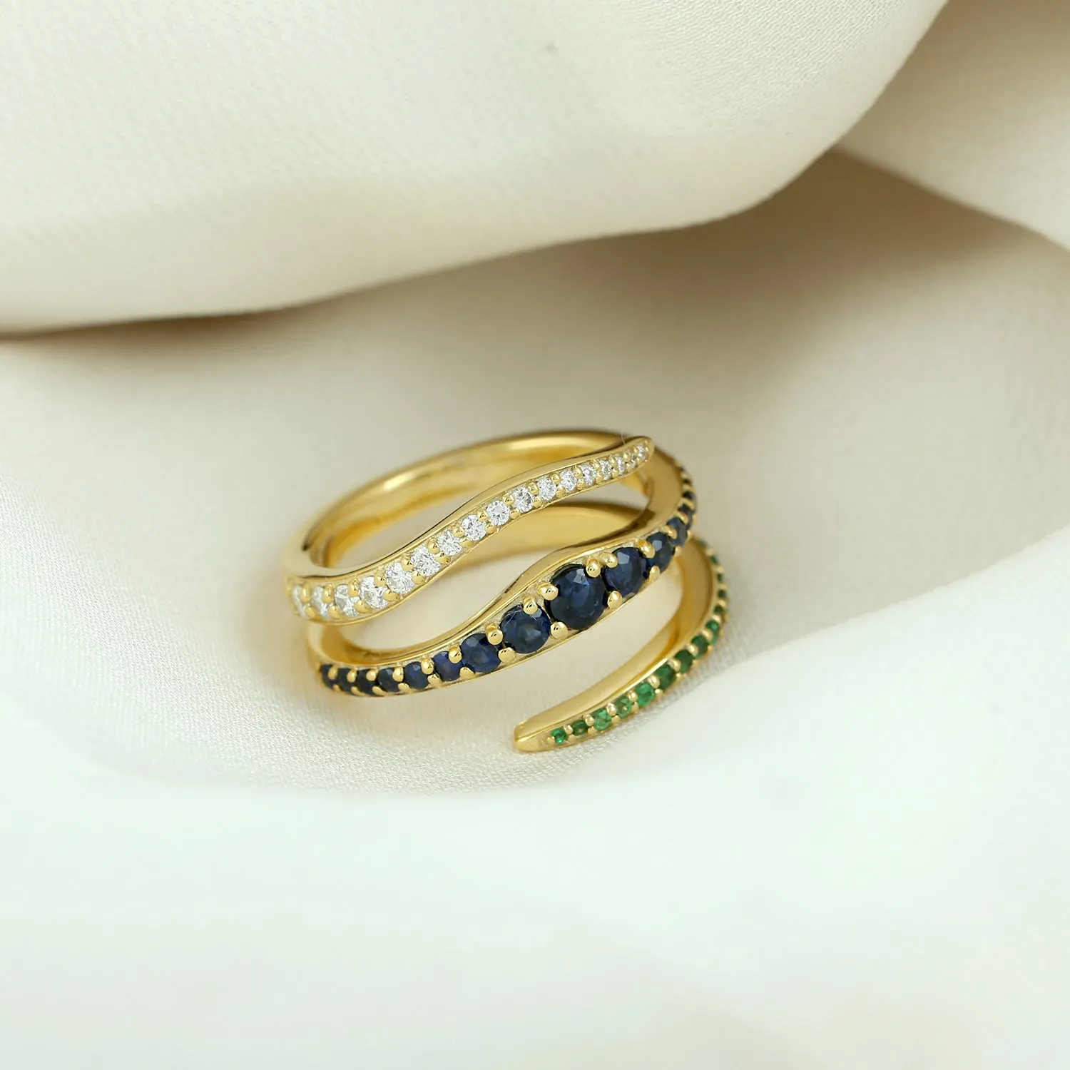 Natural Blue Sapphire Tsavorite Diamond 14k Solid Gold Spiral Ring