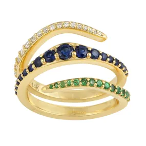 Natural Blue Sapphire Tsavorite Diamond 14k Solid Gold Spiral Ring