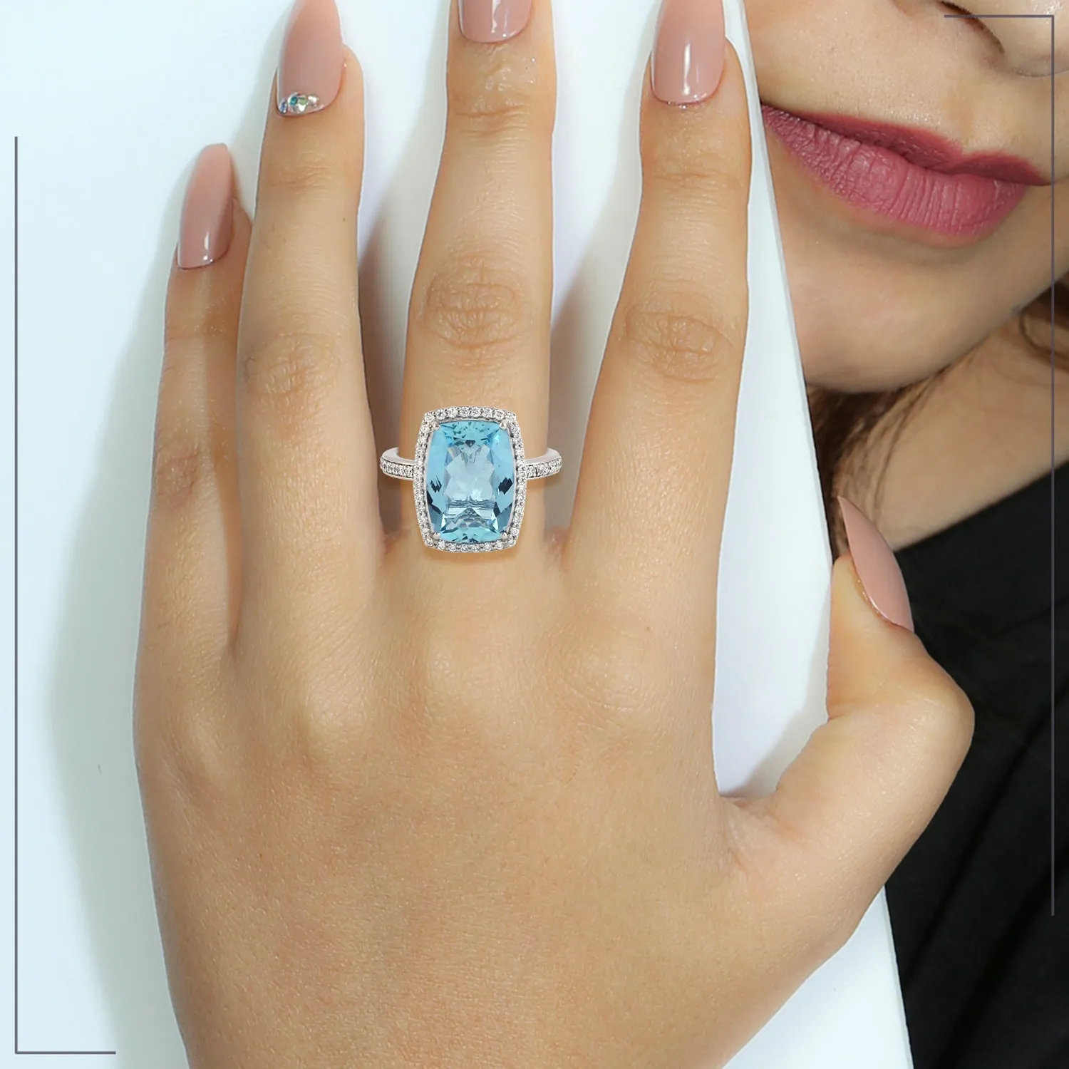 Natural Cushion Cut Aquamarine Prong Diamond Solitaire Engagement Ring In 18K White Gold