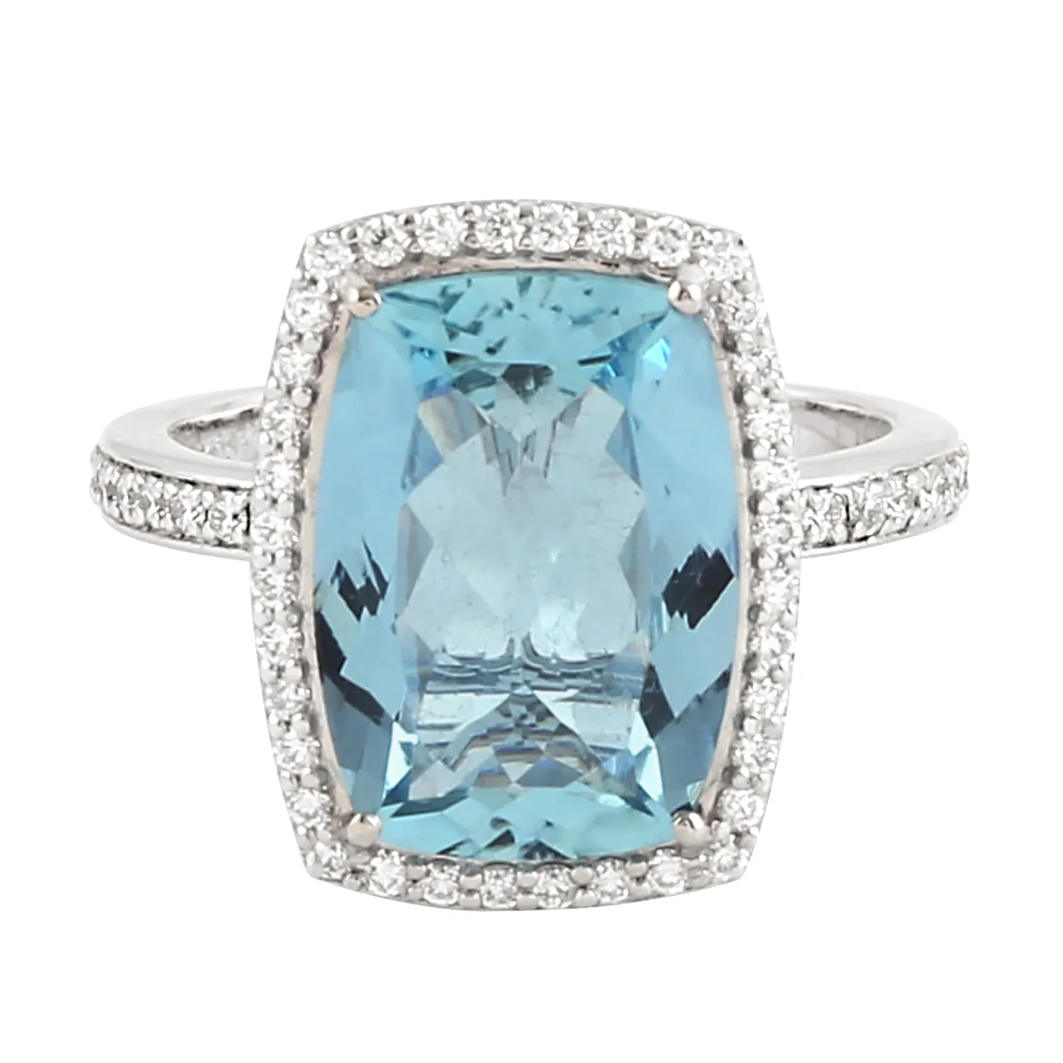 Natural Cushion Cut Aquamarine Prong Diamond Solitaire Engagement Ring In 18K White Gold