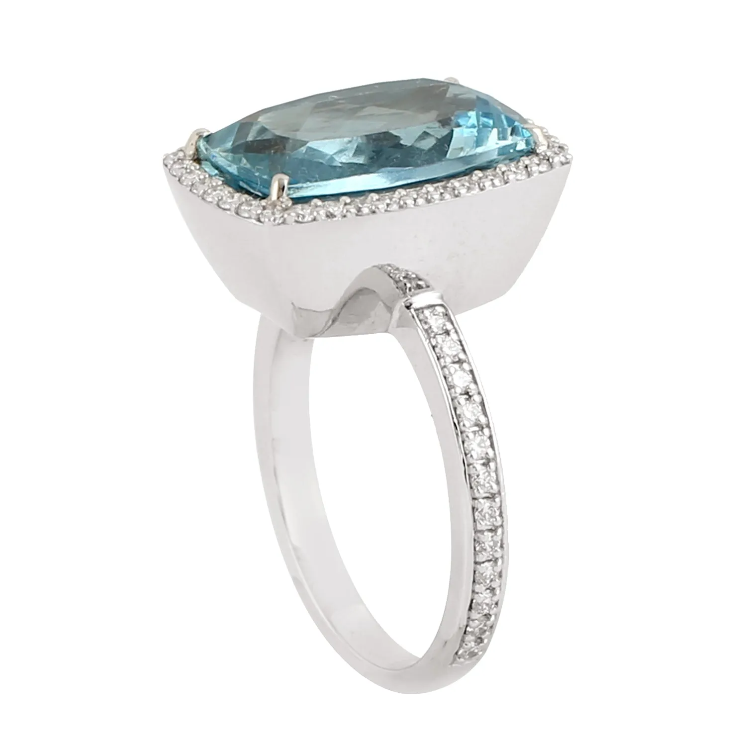 Natural Cushion Cut Aquamarine Prong Diamond Solitaire Engagement Ring In 18K White Gold