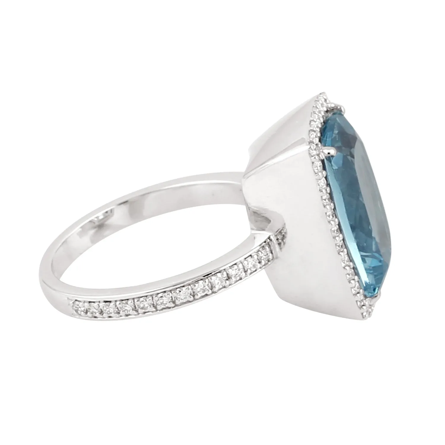 Natural Cushion Cut Aquamarine Prong Diamond Solitaire Engagement Ring In 18K White Gold