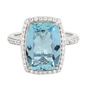 Natural Cushion Cut Aquamarine Prong Diamond Solitaire Engagement Ring In 18K White Gold