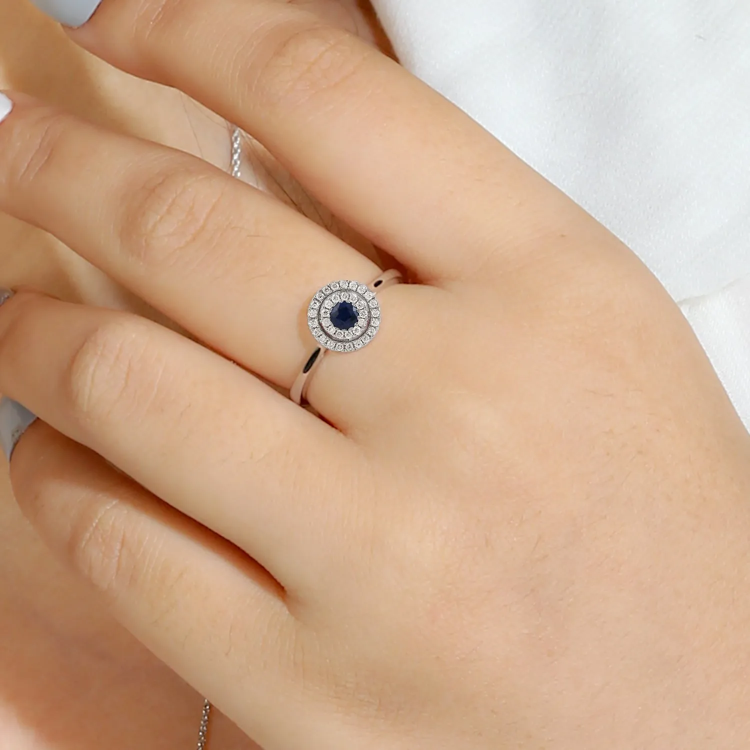 Natural Diamond Blue Sapphire Halo Ring For Women in 14k white Gold