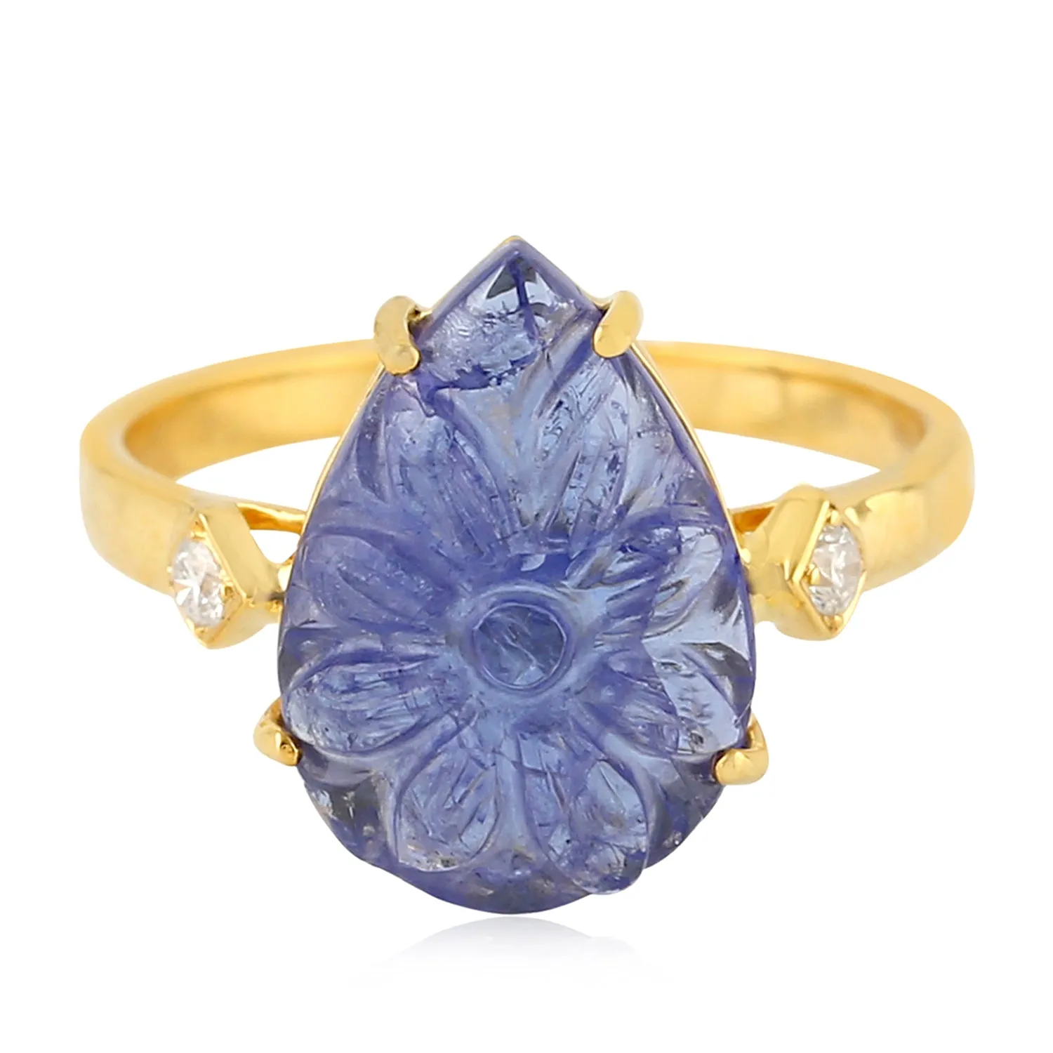 Natural Handcarrved Tanzanite Diamond Solid Gold Ring For Her