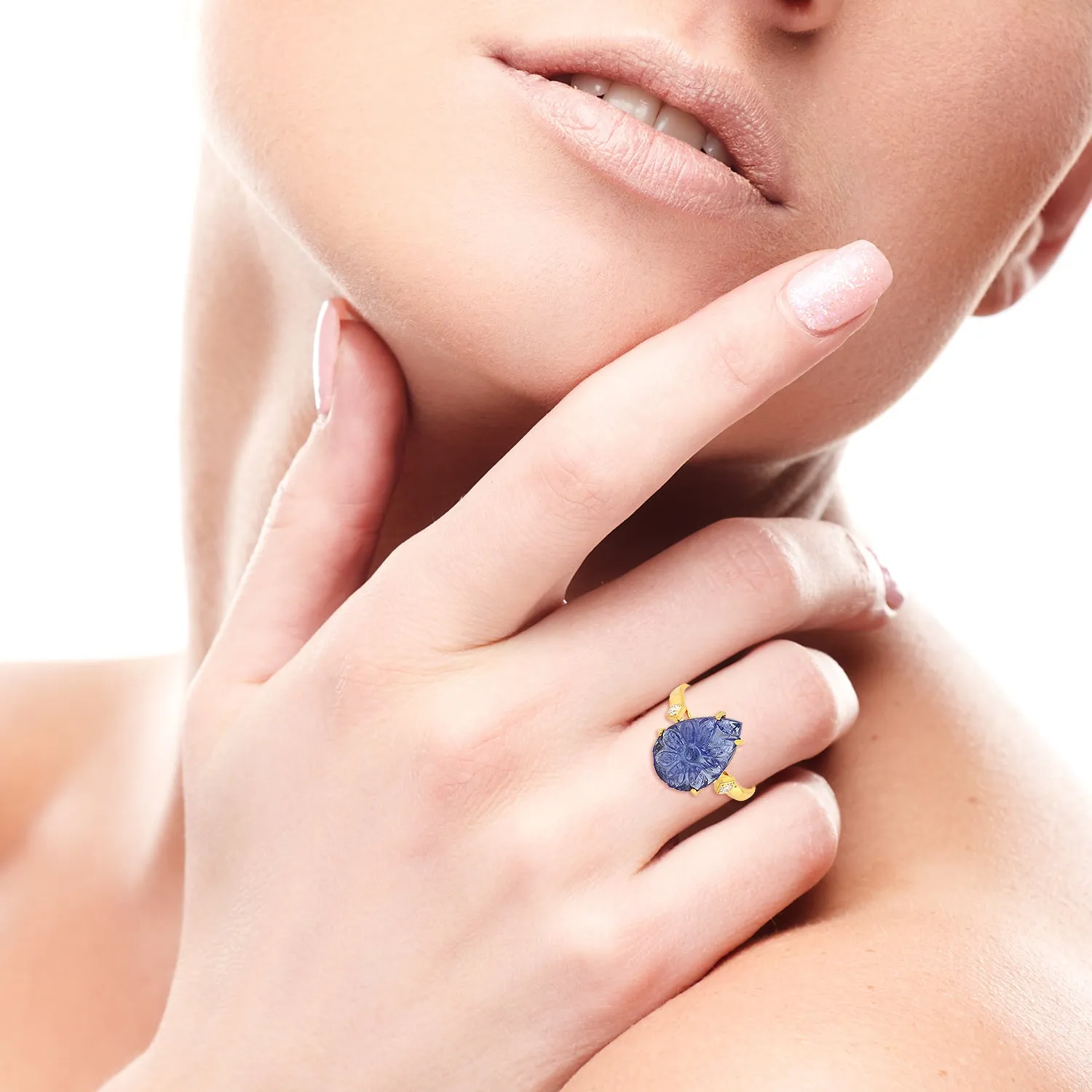 Natural Handcarrved Tanzanite Diamond Solid Gold Ring For Her