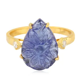 Natural Handcarrved Tanzanite Diamond Solid Gold Ring For Her