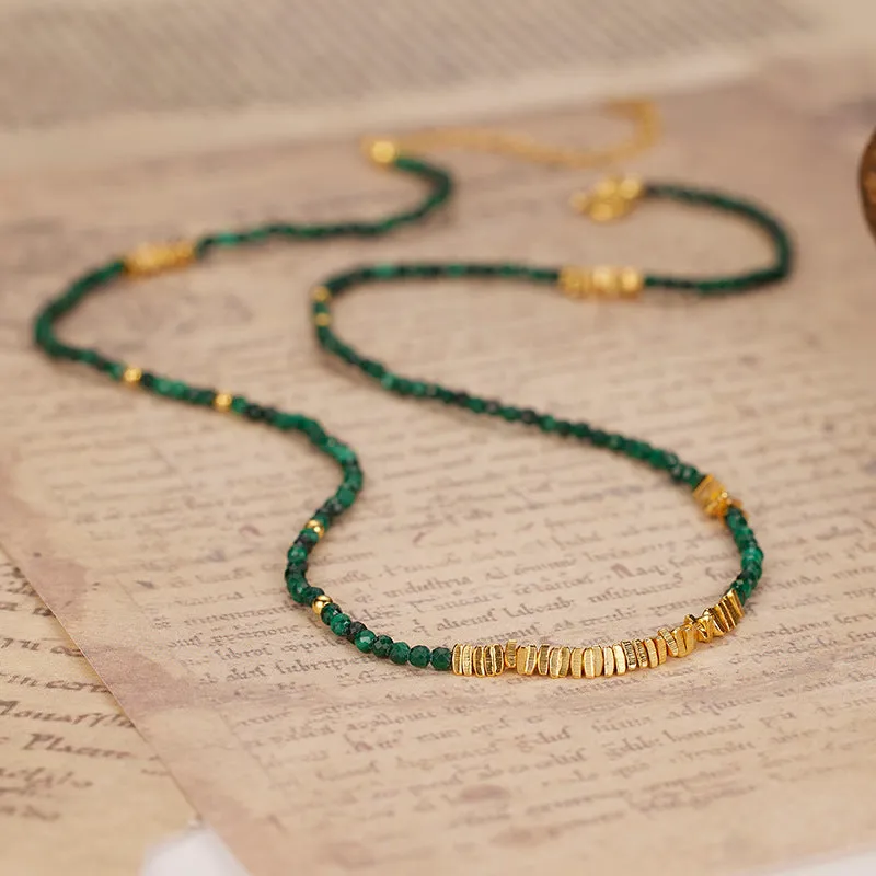 Natural malachite sterling silver necklace for women French retro beaded clavicle necklace accessories high-end necklace