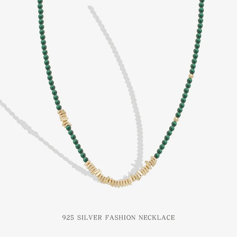Natural malachite sterling silver necklace for women French retro beaded clavicle necklace accessories high-end necklace