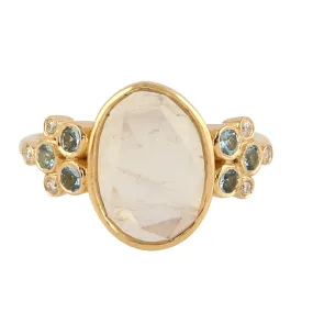 Natural Moonstone Aquamarine Diamond Cluster Ring in 18k Gold