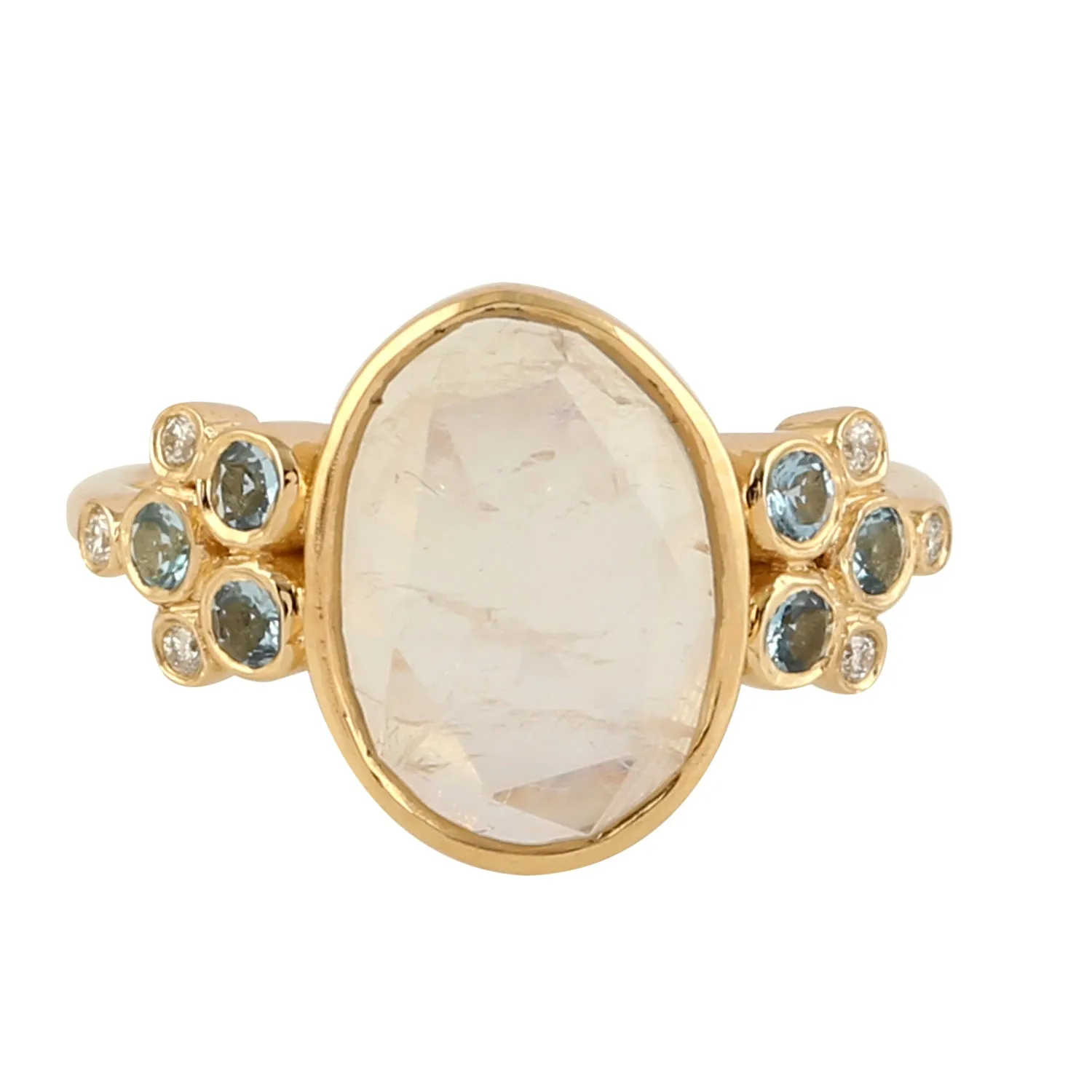 Natural Moonstone Aquamarine Diamond Cluster Ring in 18k Gold
