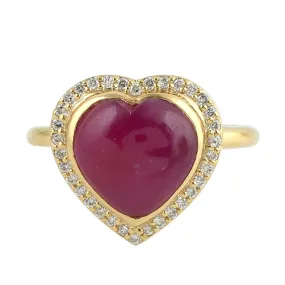 Natural Pink Sapphire Gemstone Bezel Diamond Heart Ring In 18K Yellow Gold Jewelry For Her