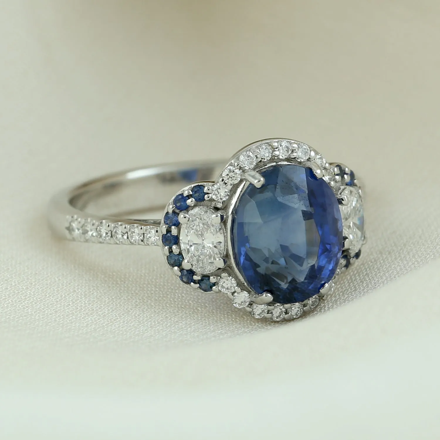 Natural Sapphire Pave Diamond Designer Ring In 18k Solid White Gold Ring For Women