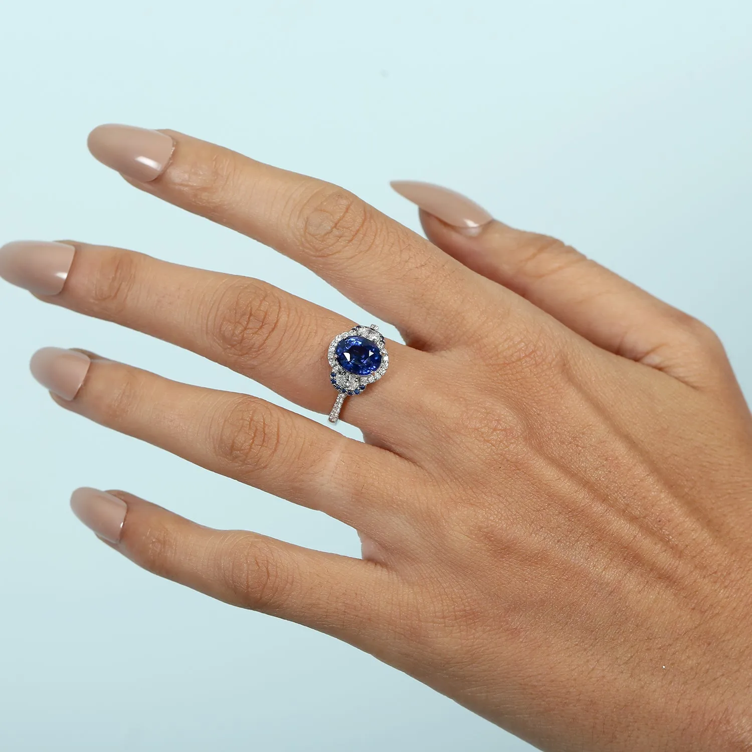 Natural Sapphire Pave Diamond Designer Ring In 18k Solid White Gold Ring For Women