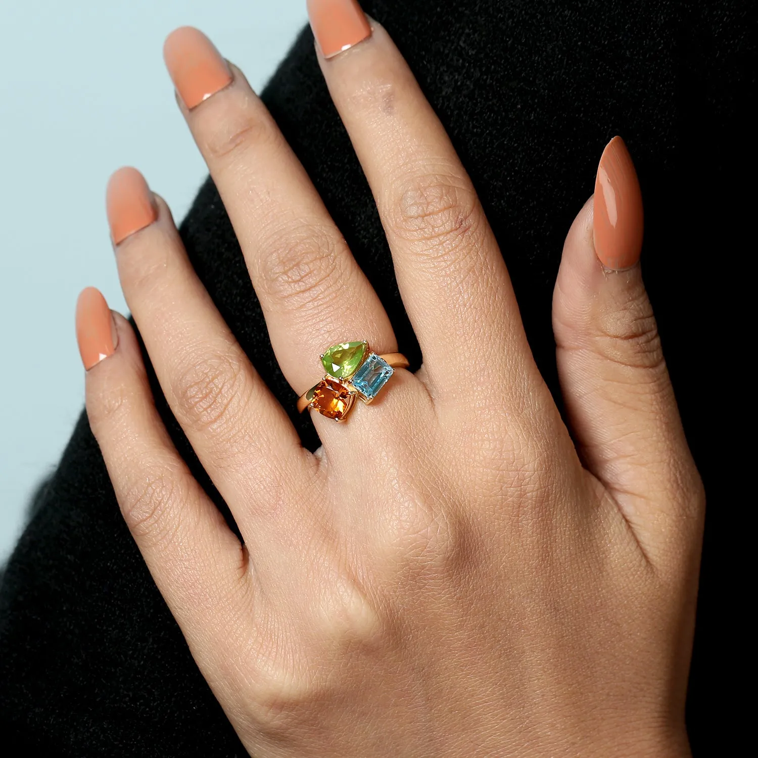Natural Topaz Peridot Citrine Handmade 18k Yellow Gold Ring