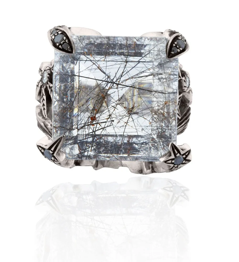One-of-a-kind Heaven & Earth Cocktail Ring 18kt White Gold with Center Rutilated Pyrite Quartz