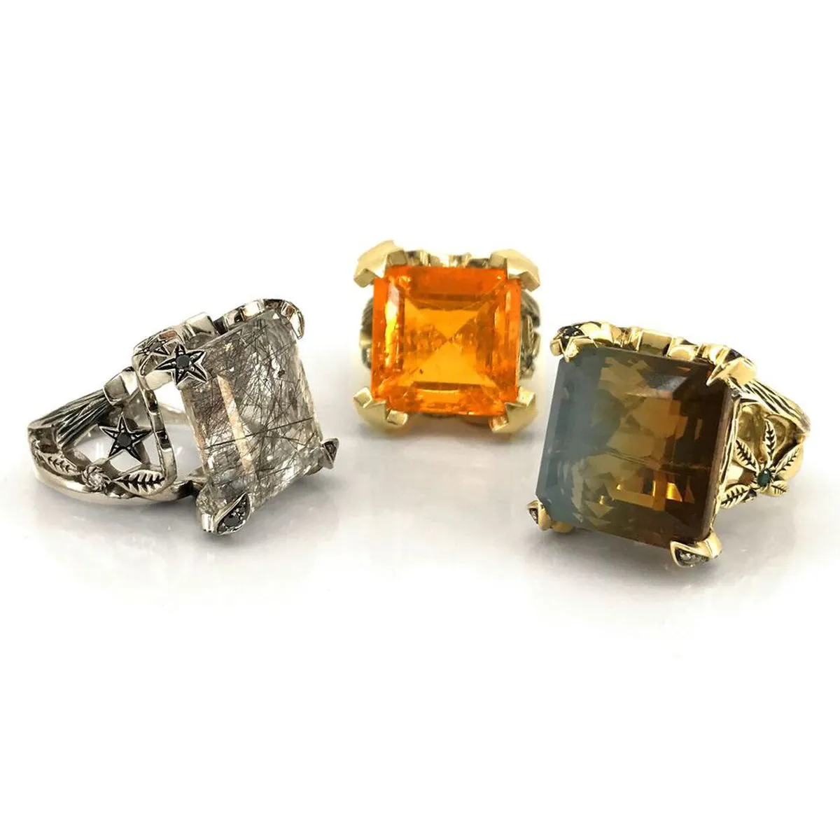 One-of-a-kind Heaven & Earth Cocktail Ring 18kt White Gold with Center Rutilated Pyrite Quartz