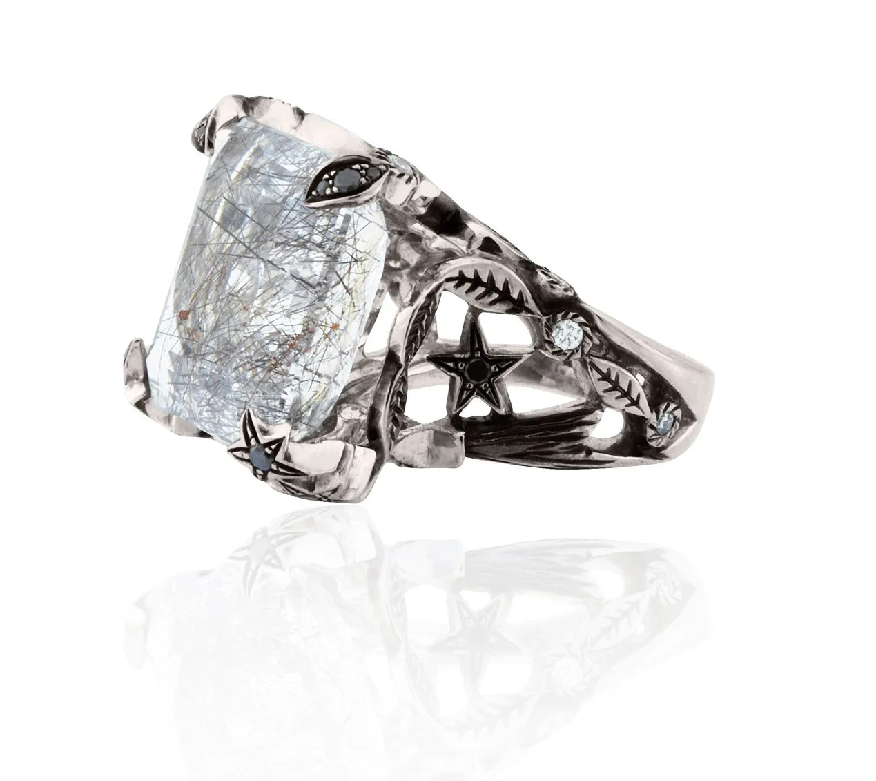 One-of-a-kind Heaven & Earth Cocktail Ring 18kt White Gold with Center Rutilated Pyrite Quartz