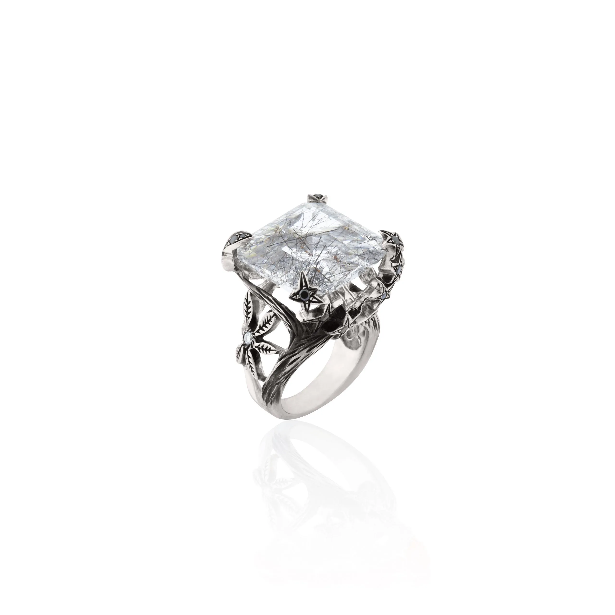 One-of-a-kind Heaven & Earth Cocktail Ring 18kt White Gold with Center Rutilated Pyrite Quartz