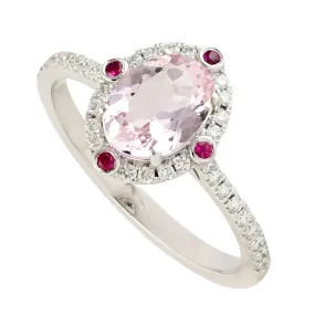 Oval Morganite Bezel Ruby Pave Diamond Designer Ring In 18k White Gold For Her