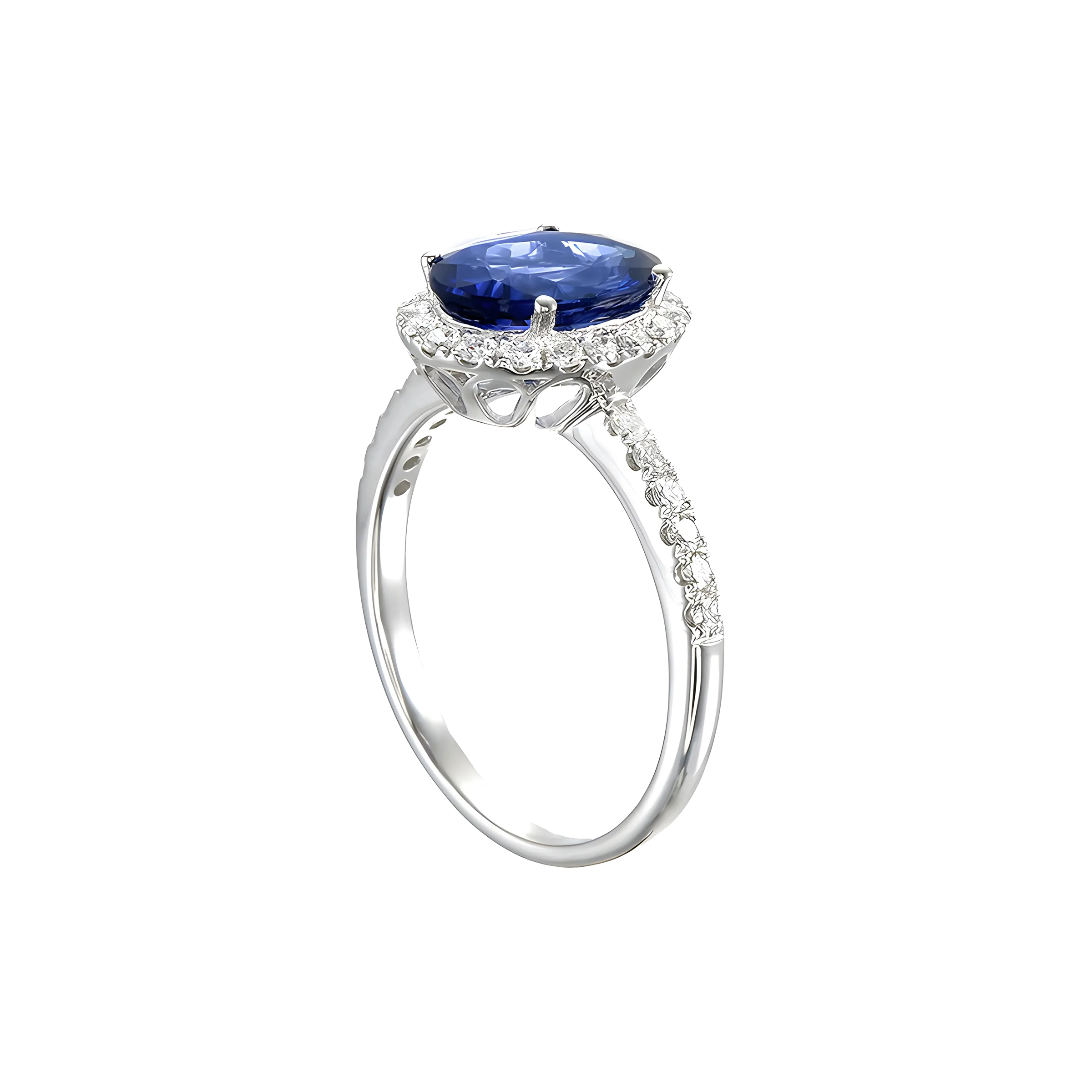 Oval Tanzanite and Diamond Halo Ring in 18k White Gold