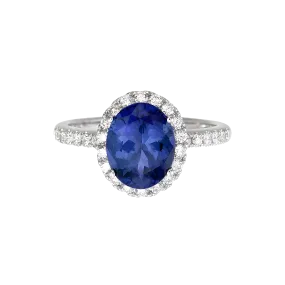 Oval Tanzanite and Diamond Halo Ring in 18k White Gold