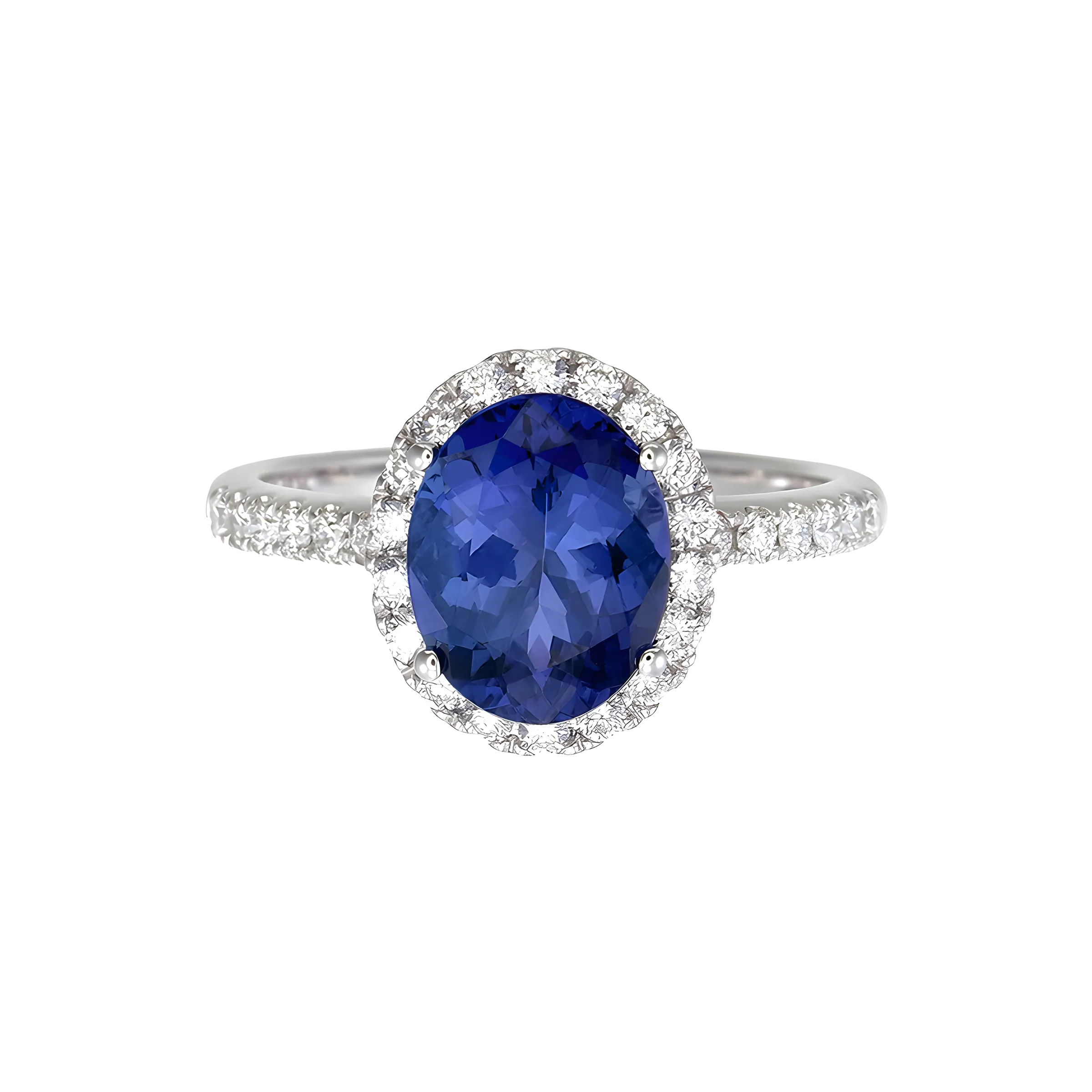 Oval Tanzanite and Diamond Halo Ring in 18k White Gold