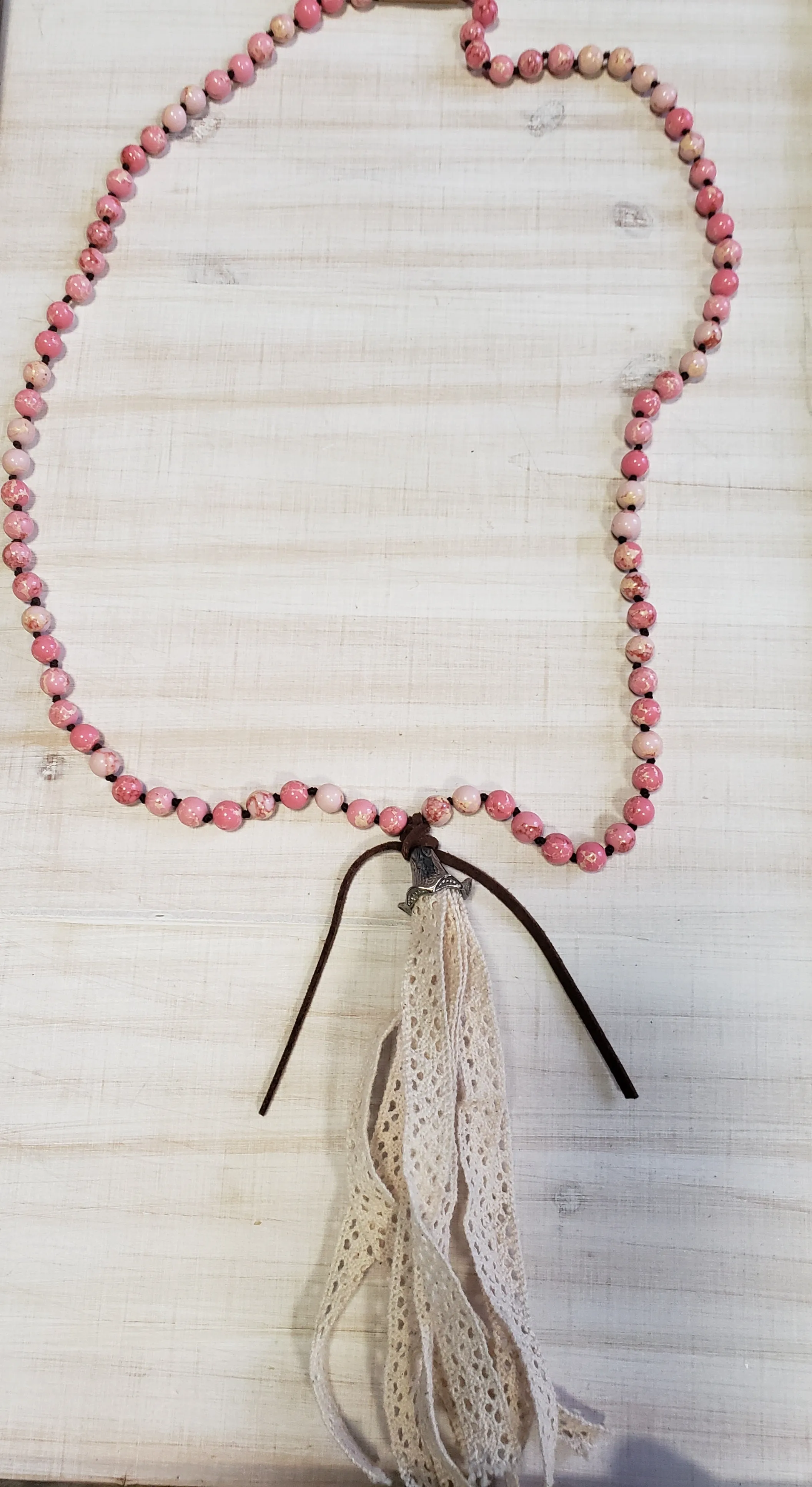 Pink beaded with cream tassel necklace