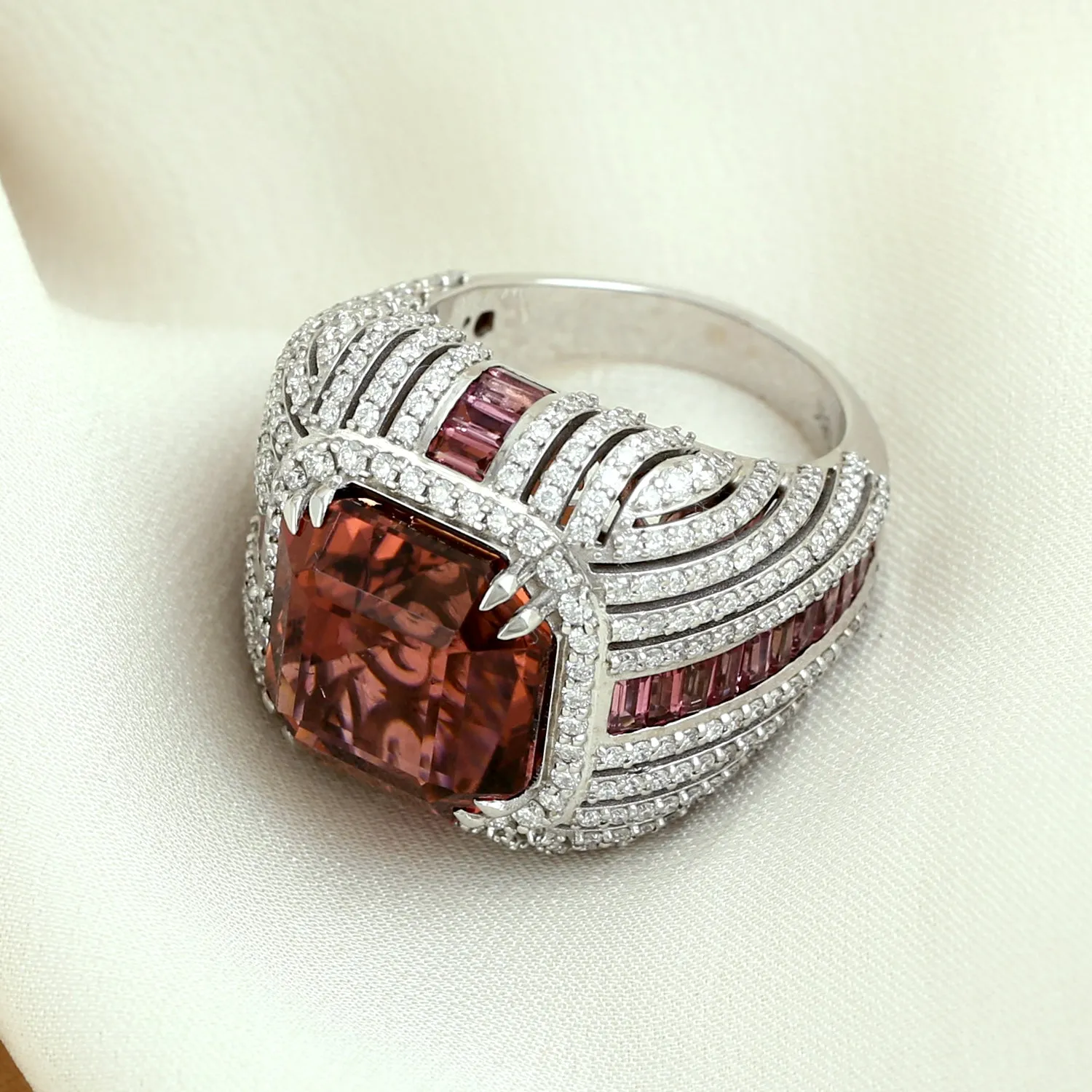 Pink Faceted Tourmaline Pave Diamond 18k White Gold Heavy Cocktail Ring For Women