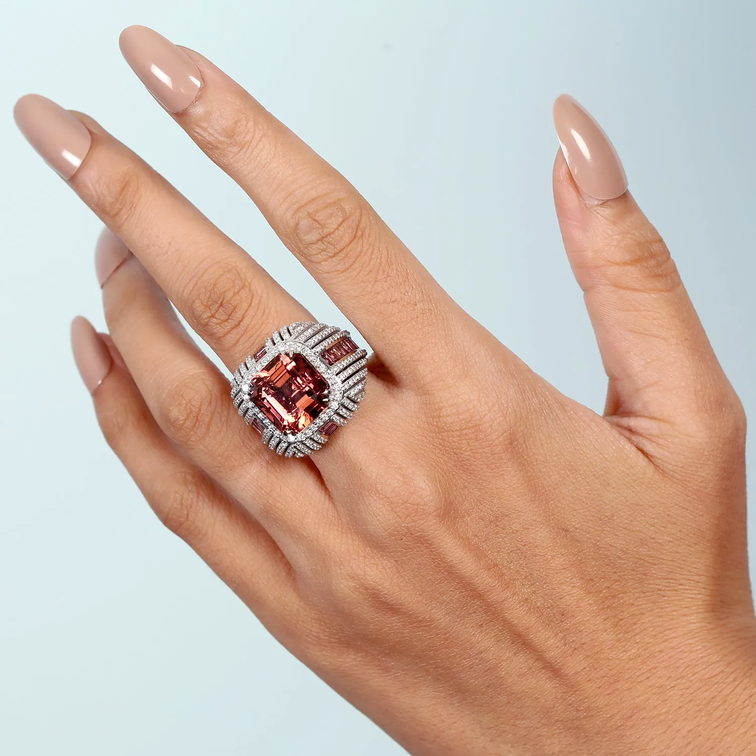 Pink Faceted Tourmaline Pave Diamond 18k White Gold Heavy Cocktail Ring For Women