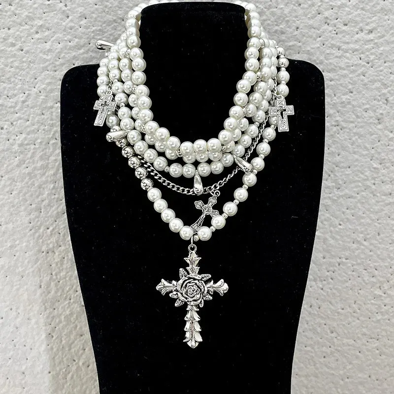 Pre Order:  Rose Cross Faux Pearls Necklace