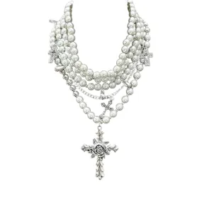 Pre Order:  Rose Cross Faux Pearls Necklace