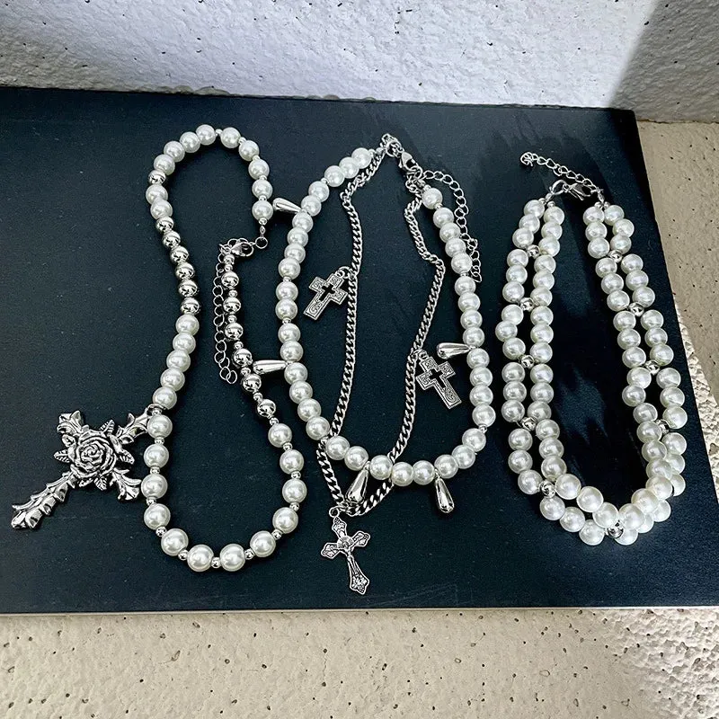 Pre Order:  Rose Cross Faux Pearls Necklace
