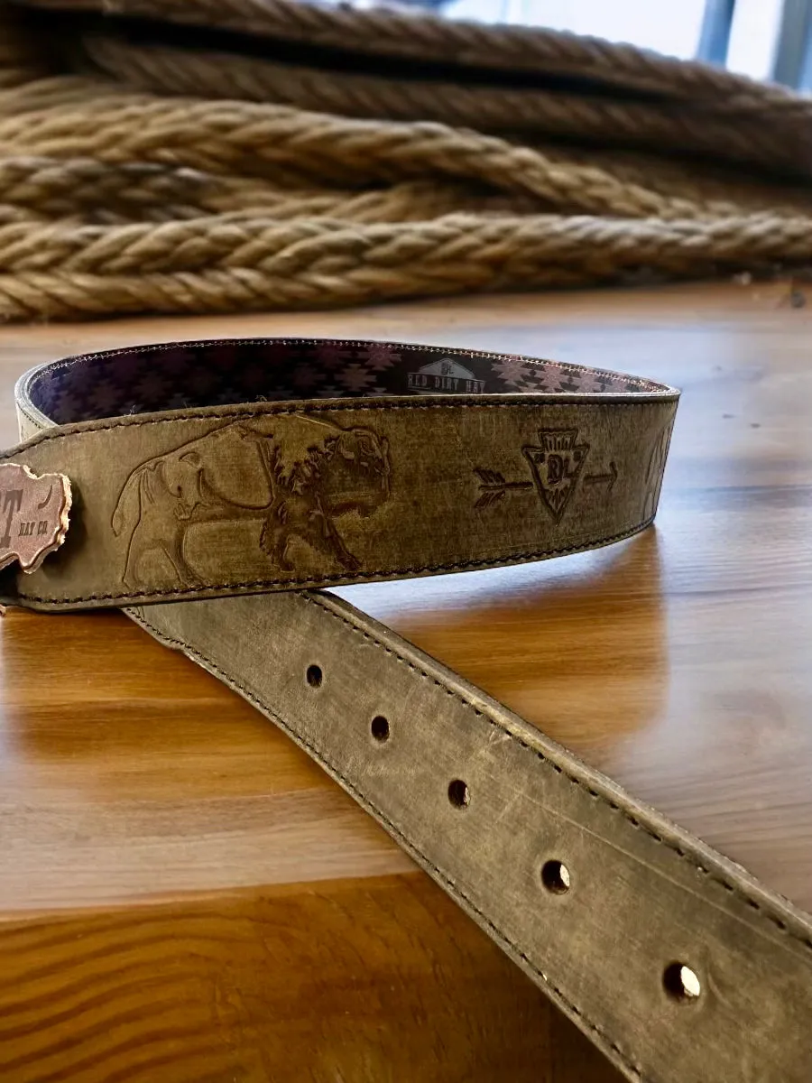 Red Dirt Hat Co. Men’s Oiled Leather Belt w/ Embossed Bison & Arrowheads Leather Belt 23133BE10