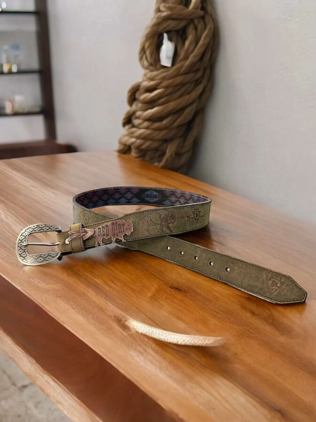 Red Dirt Hat Co. Men’s Oiled Leather Belt w/ Embossed Bison & Arrowheads Leather Belt 23133BE10