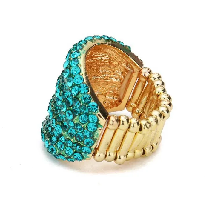 Rhinestone Blue Zircon Pave Multi Row Gold Stretch Ring