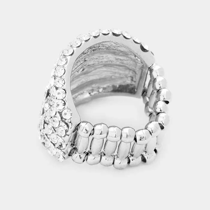 Rhinestone Clear Pave Multi Row Silver Stretch Ring
