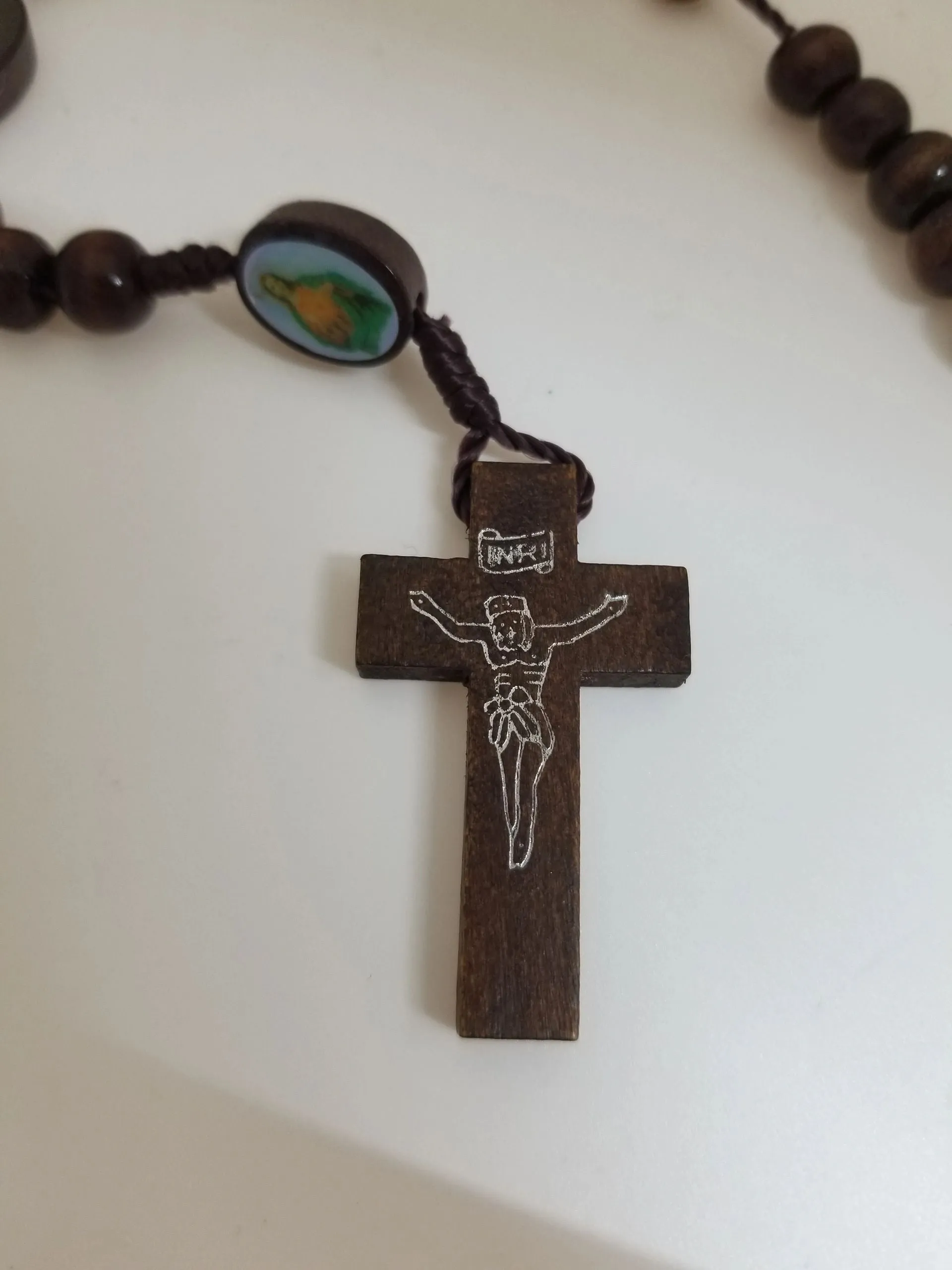 Rosary-style Wooden Crucifix w/ Beaded Cord Necklace