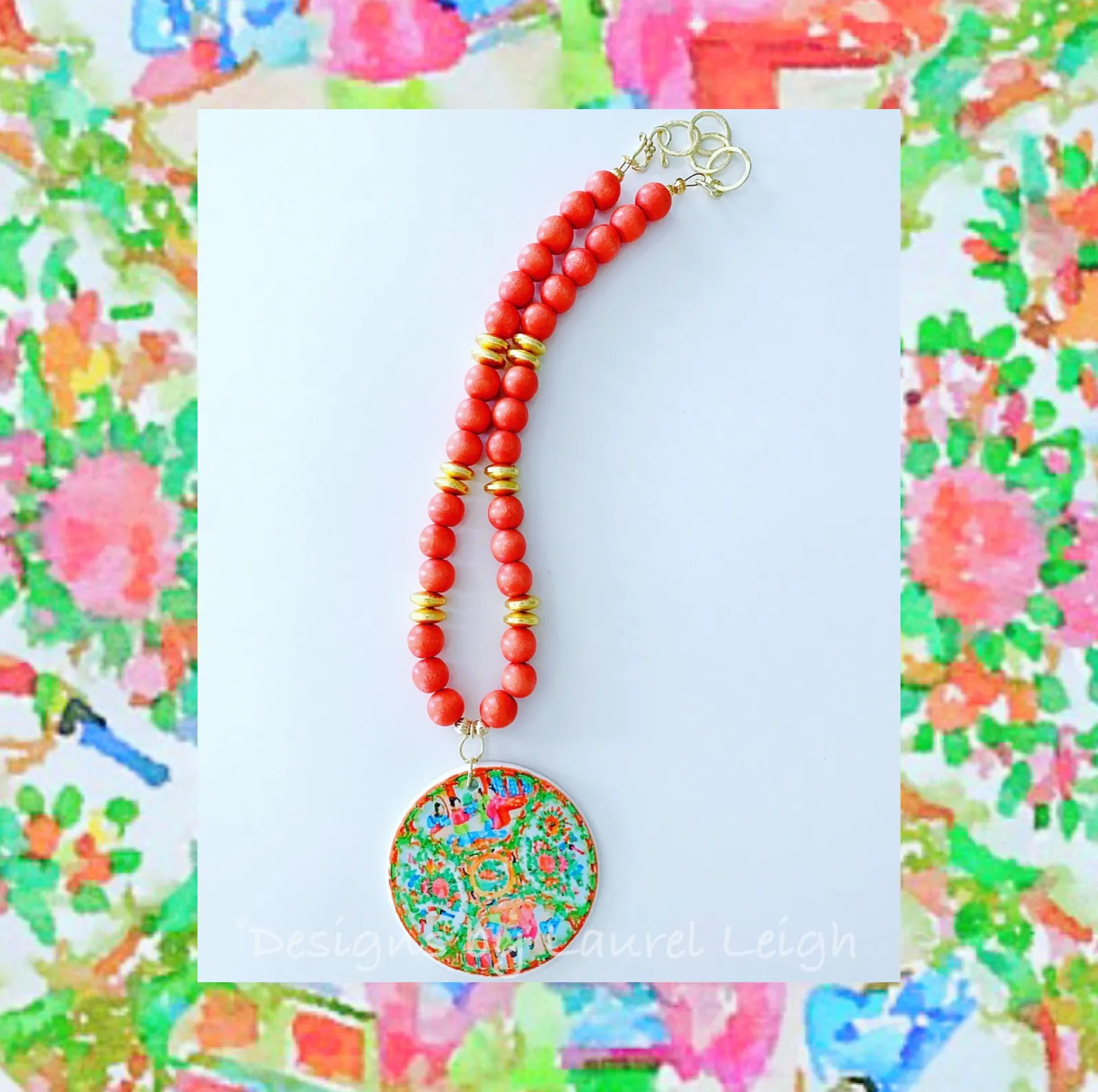 Rose Medallion Chinoiserie Necklace - Orange