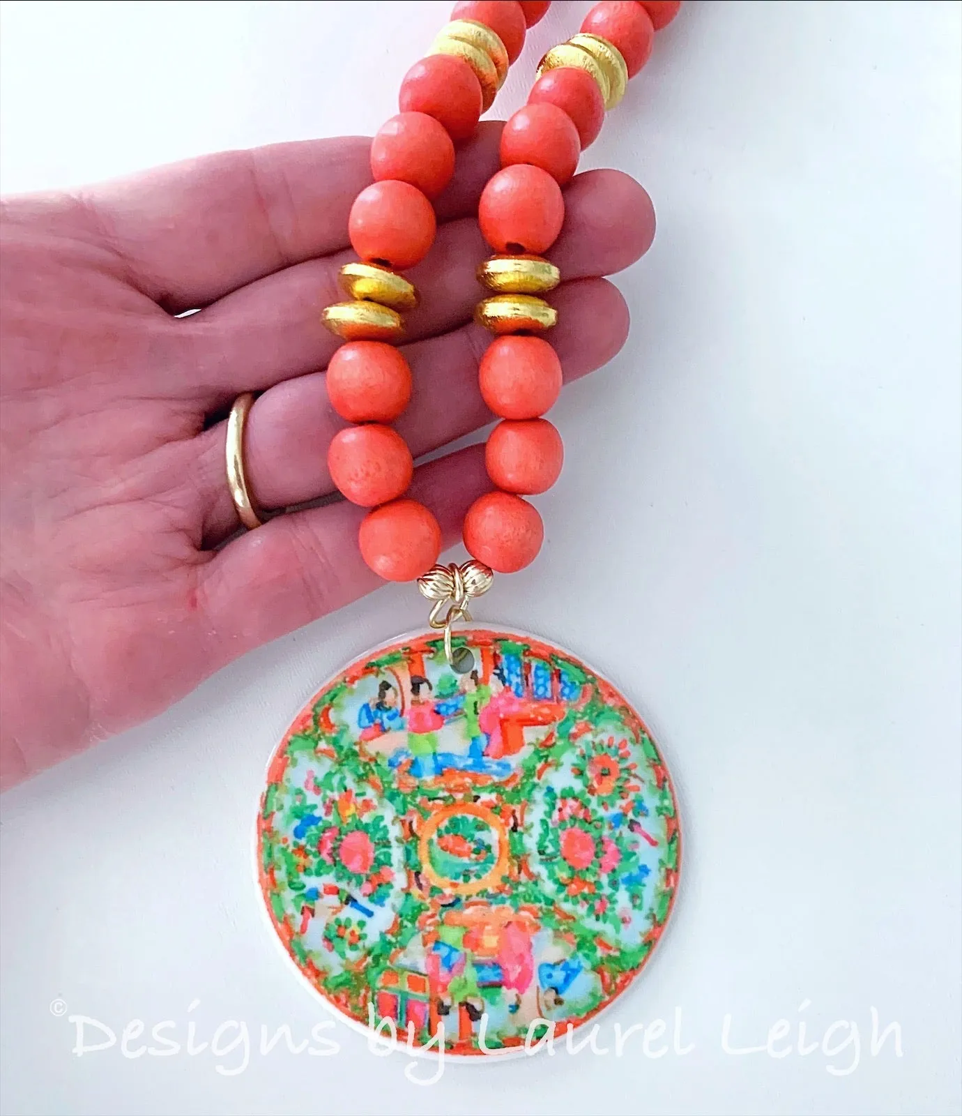 Rose Medallion Chinoiserie Necklace - Orange