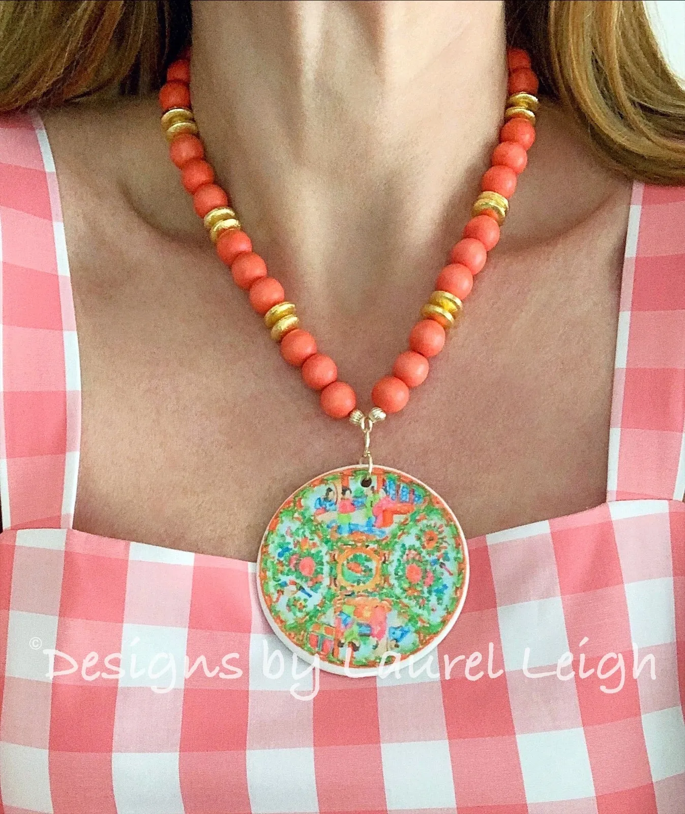 Rose Medallion Chinoiserie Necklace - Orange