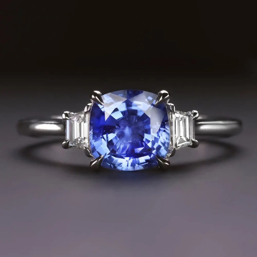 SAPPHIRE DIAMOND 3 STONE RING COCKTAIL ENGAGEMENT CUSHION SHAPE 14k WHITE GOLD