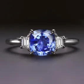 SAPPHIRE DIAMOND 3 STONE RING COCKTAIL ENGAGEMENT CUSHION SHAPE 14k WHITE GOLD