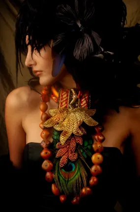 Silk Road Necklace of African Beaded Triple with Green Feathers