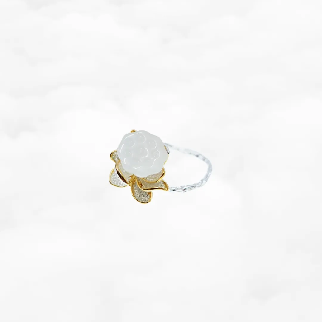 Silver White Jade Lotus Ring